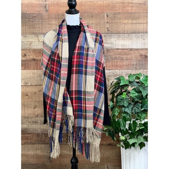 Blue Tan Red Gold Plaid Blanket Scarf - Picture 2 of 4